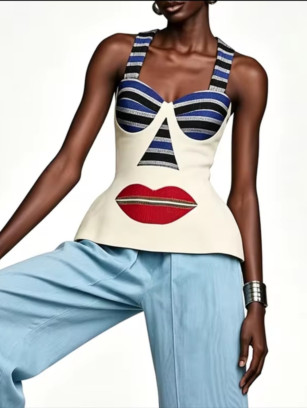 Cream Sculpted Face Applique Tank with Blue Striped Bust